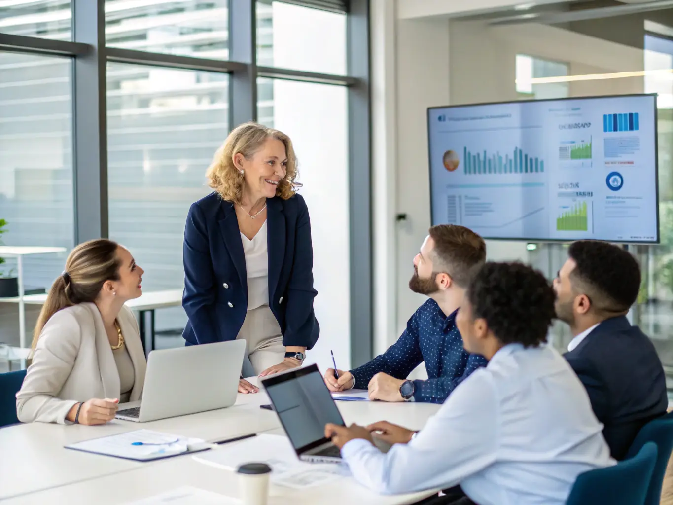 An image of a confident woman leading a team in a modern office setting, symbolizing leadership and empowerment.