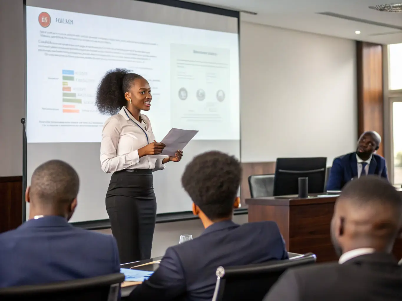 A woman entrepreneur presenting her startup idea to a group of mentors, illustrating entrepreneurship development.